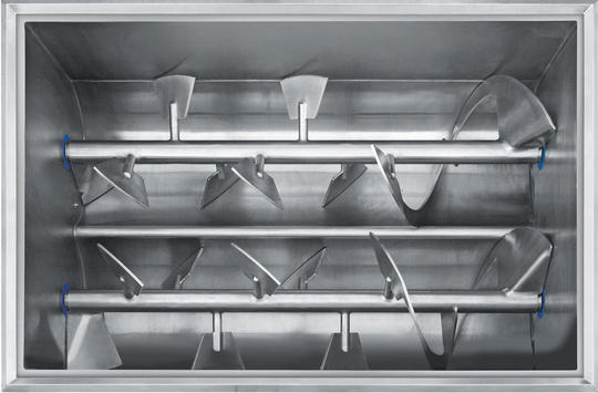 Hopper with mixing ribbons and paddles